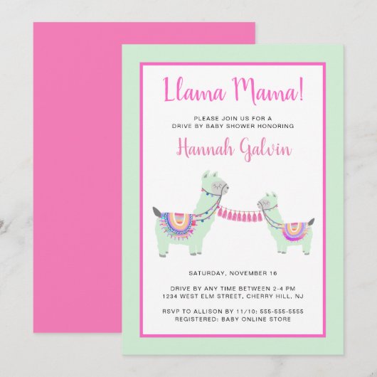 Llama Mama roze groene feestelijke Baby shower Kaart (Voorkant / Achterkant)