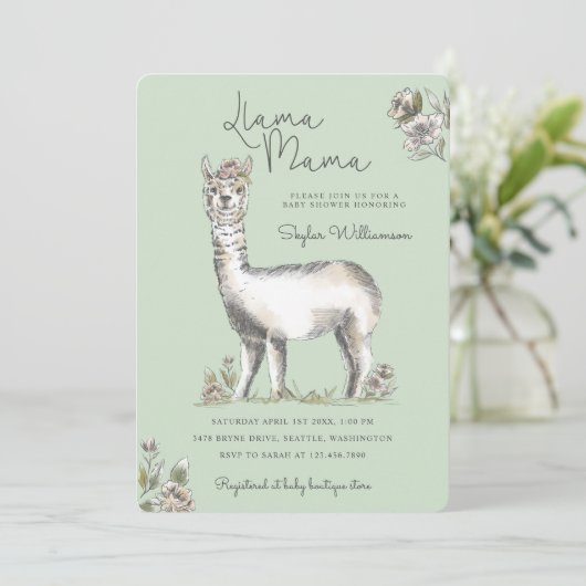 Llama Mamma Waterverf Llama Sketch Baby shower in Kaart (Staand voorkant)
