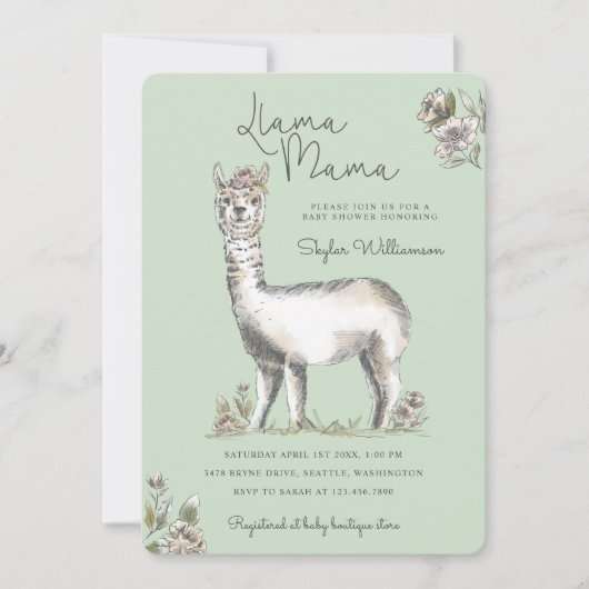 Llama Mamma Waterverf Llama Sketch Baby shower in Kaart (Voorkant)