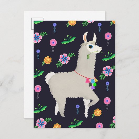 Llama met bloemen briefkaart (Voorkant / Achterkant)