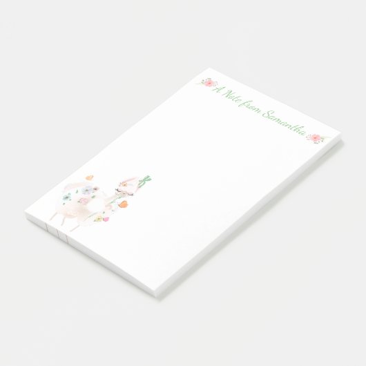 Llama met bloemen en groen lintje Post-it® Notes (Schuin)