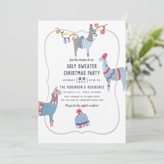 Llama met de thema Ugly Sweater Kerstparty Kaart (Staand voorkant)