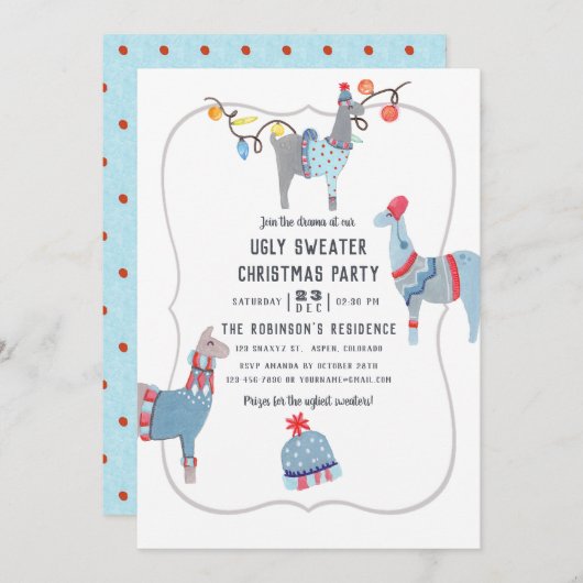 Llama met de thema Ugly Sweater Kerstparty Kaart (Voorkant / Achterkant)