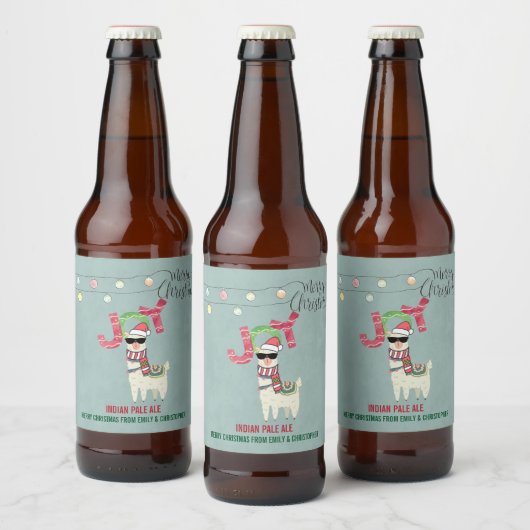 Llama met een kerstkop en een zonnebril bier etiket (Flessen)