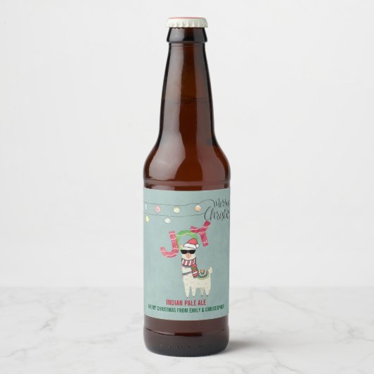 Llama met een kerstkop en een zonnebril bier etiket (Voorkant)