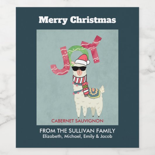 Llama met een kerstkop en een zonnebril wijn etiket (Enkel label)