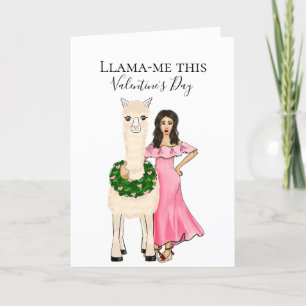 Llama met hartenkrans en vrouwelijke illustratie feestdagen kaart