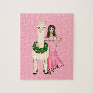 Llama met hartslag en meisjesillustratie legpuzzel