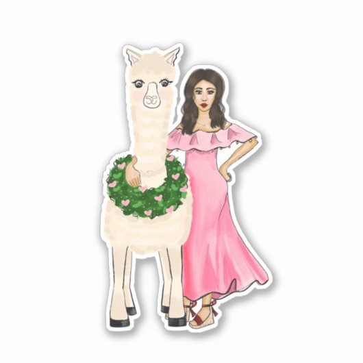 Llama met hartslag en Vrouw tekening Sticker (Voorkant)