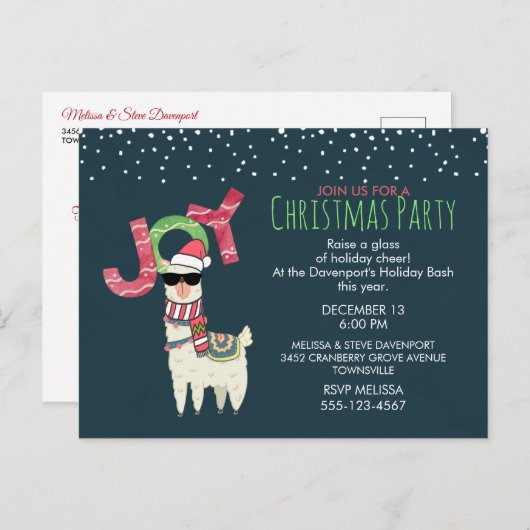 Llama met kerstmuts uitnodigen voor kerstfeest briefkaart (Voorkant / Achterkant)