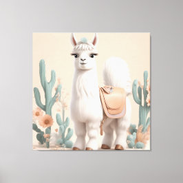 Llama met zadel in de woestijn canvas afdruk