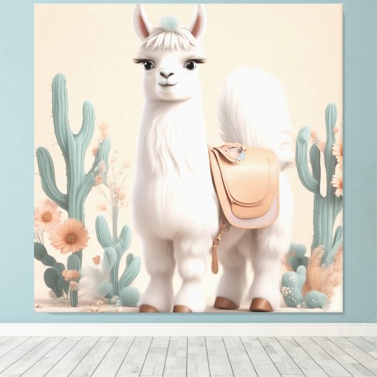 Llama met zadel in de woestijn canvas afdruk (Insitu (Houten vloer))