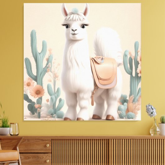 Llama met zadel in de woestijn canvas afdruk (Insitu (Woonkamer))
