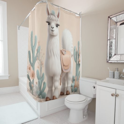 Llama met zadel in de woestijn douchegordijn (In situ)