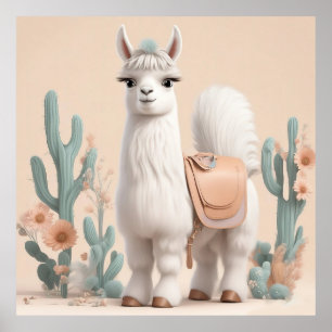 Llama met zadel in de woestijn poster