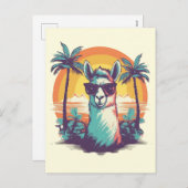 Llama met zonnebril op het strand met palmen feestdagenkaart (Voorkant / Achterkant)