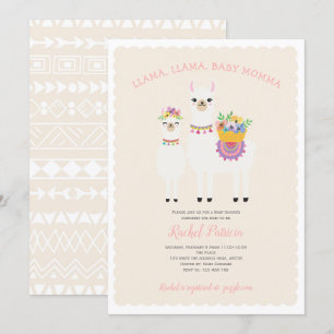 Llama Momma- Cute, Baby Girl Shower Invitation Kaart
