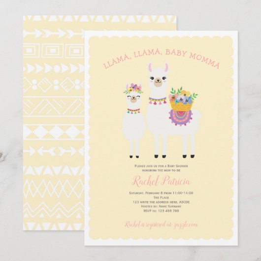 Llama Momma- Schattige, Baby Girl Shower Uitnodigi Kaart (Voorkant / Achterkant)
