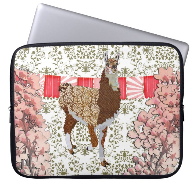 Llama Olive Damask Cherry Blossom Computer Sleeve (Voorkant)