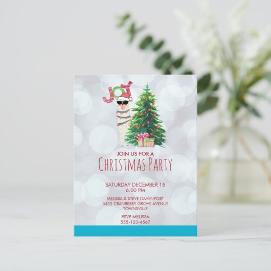 Llama op Silver Bokeh en Icy Blue Kerstparty Briefkaart (Staand voorkant)