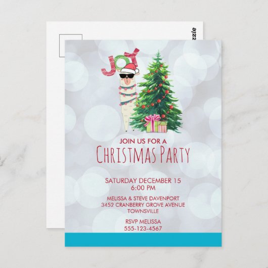 Llama op Silver Bokeh en Icy Blue Kerstparty Briefkaart (Voorkant / Achterkant)