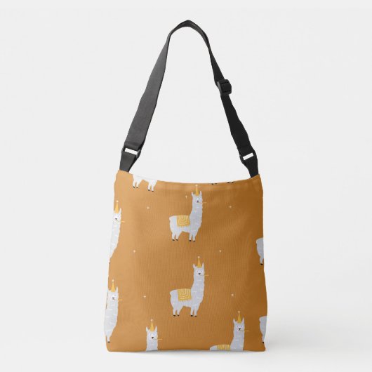 Llama, oranje achtergrond: verjaardagspatroon. crossbody tas (Voorkant)
