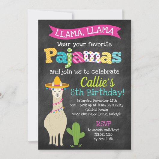Llama Pajama Birthday Party Kaart (Voorkant)