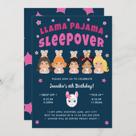 Llama Pajama Sleepover Hot roze marine Kaart (Voorkant / Achterkant)