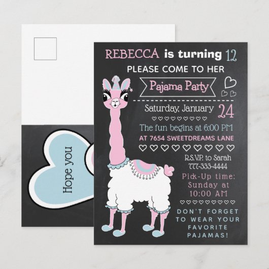 Llama Pajama Sleepover Party Chalkboard Briefkaart (Voorkant / Achterkant)