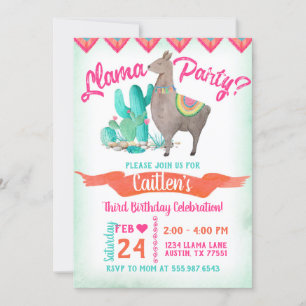 Llama Party Birthday Invitation roze Oranje Aqua Kaart