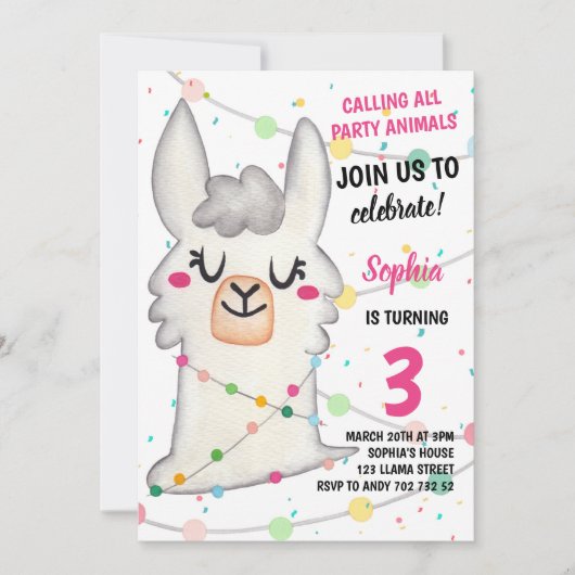 Llama Party Girl Party Animals Llama Fun Birthday Kaart (Voorkant)