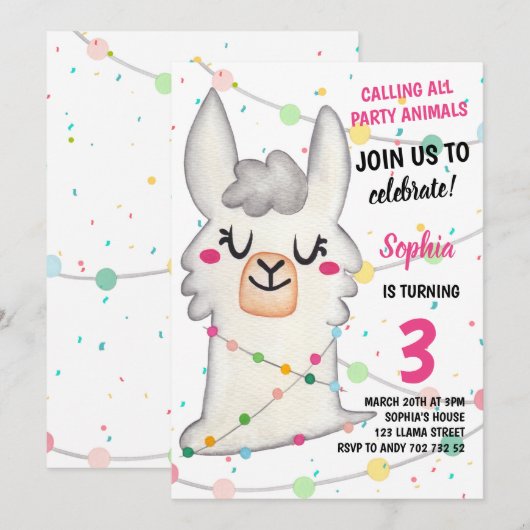 Llama Party Girl Party Animals Llama Fun Birthday Kaart (Voorkant / Achterkant)