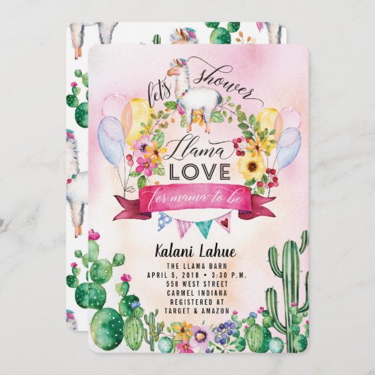 Llama Party Waterverf Baby shower Uitnodiging (Voorkant / Achterkant)