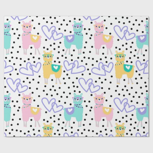 Llama Pastel Paarse Liefde Patroon Print Wrapping Cadeaupapier (Vlak)