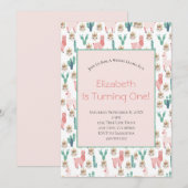 Llama Pink and Green Cactus Cute Kids Birthday Kaart (Voorkant / Achterkant)