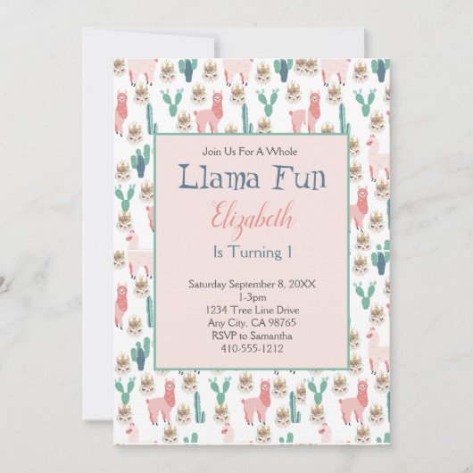 Llama Pink and Green Cactus Cute Kids Birthday Kaart (Voorkant)