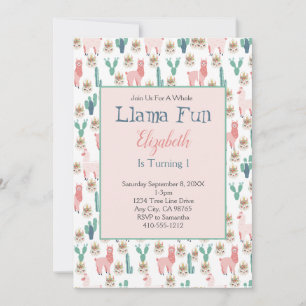 Llama Pink and Green Cactus Cute Kids Birthday Kaart