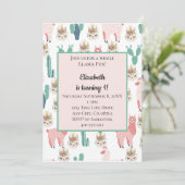 Llama Pink and Green Cactus Cute Kids Birthday Kaart (Staand voorkant)