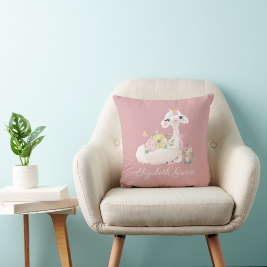 Llama Pink and White met Flowers Girly Kussen (Stoel)