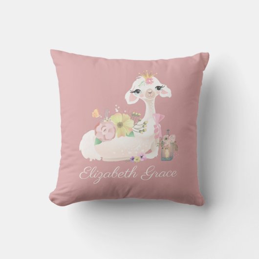 Llama Pink and White met Flowers Girly Kussen (Voorkant)
