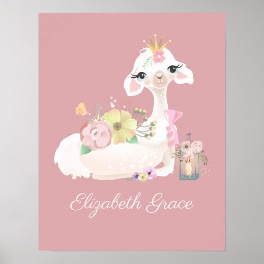 Llama Pink and White met Flowers Girly Poster (Voorkant)