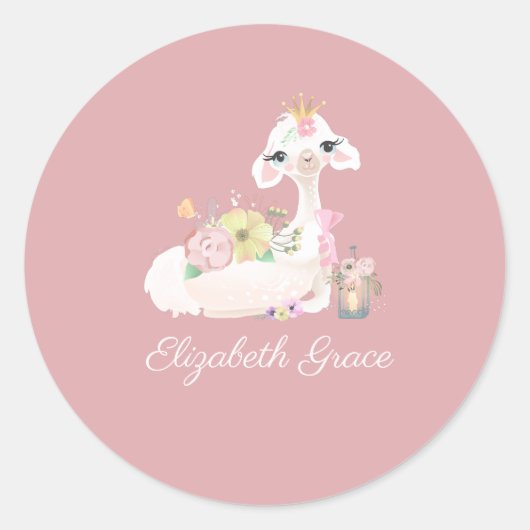 Llama Pink and White met Flowers Girly Ronde Sticker (Voorkant)