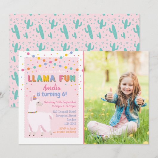 Llama Pink Birthday Party Foto Uitnodiging (Voorkant / Achterkant)