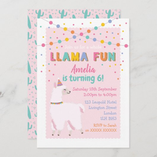 Llama Pink Birthday Party Invitation Kaart (Voorkant / Achterkant)