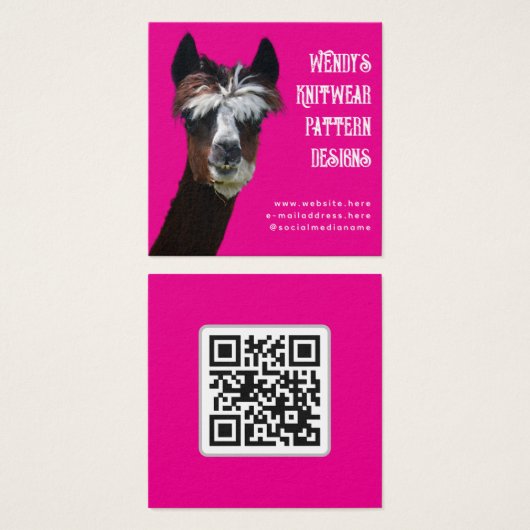 Llama Pink QR code Fiber Business Cards Vierkante Visitekaartjes (Voorkant /achterkant)