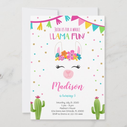 Llama plezier met cactus verjaardag uitnodiging (Voorkant)