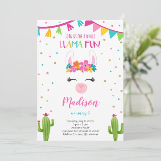 Llama plezier met cactus verjaardag uitnodiging (Staand voorkant)