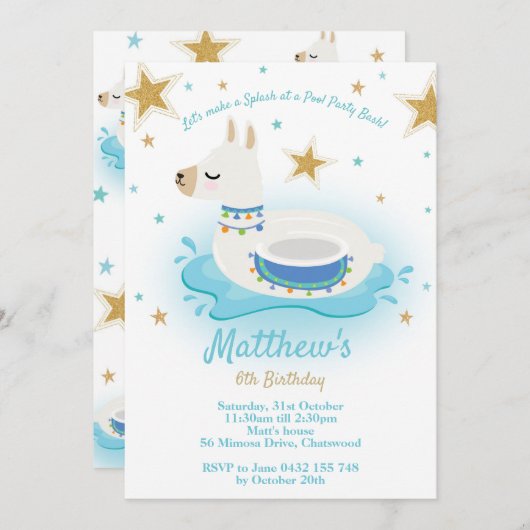 Llama Pool Party Birthday Invitation Boys Kaart (Voorkant / Achterkant)