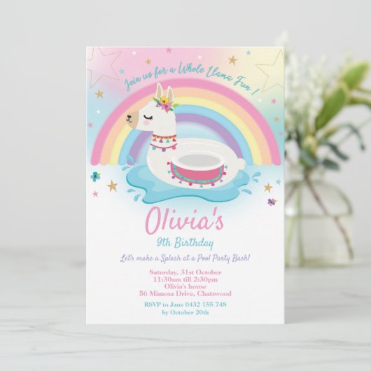 Llama Pool Party Verjaardag Uitnodiging Meisjes (Staand voorkant)