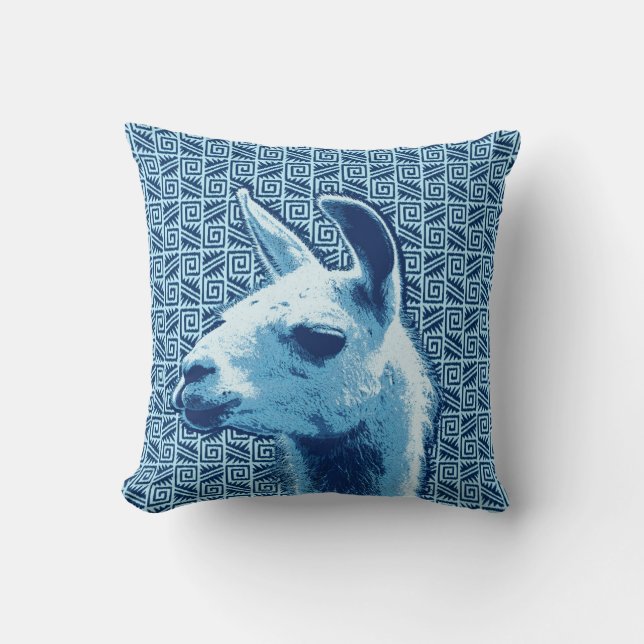 Llama-portret op Aztec Pattern, Denim Blue Kussen (Voorkant)